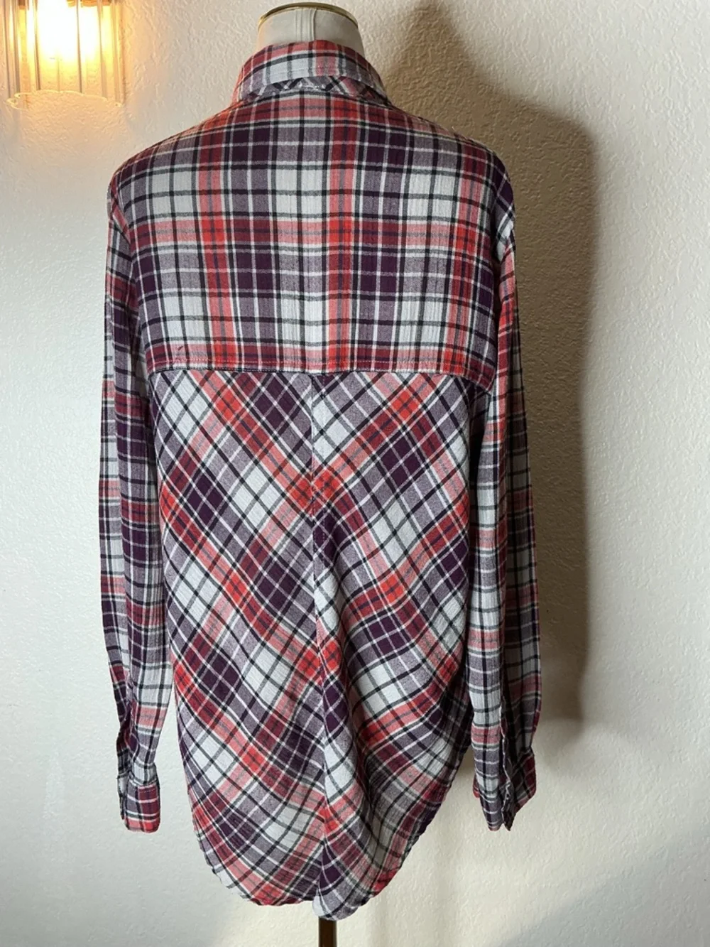 Free People- Women's Plaid Cutout Shoulder Flannel Shirt Jacket - Red & Purple - Picture 2 of 5
